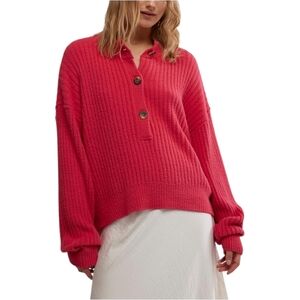 Free People Cocoa Henley Long Sleeve Sweater Virtual Pink Relaxed Fit Small NWOT